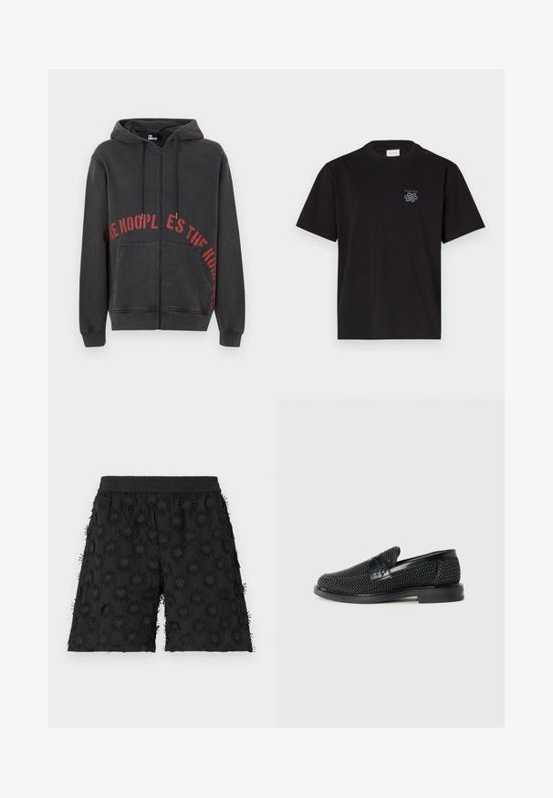 Čierna mikina na zips vyrobená z bavlny, na prednej strane s červeným kruhovým textovým dizajnom a dvoma bočnými vreckami. Mäkká, textúrovaná tkanina.; Čierne bavlnené tričko s okrúhlym výstrihom a krátkymi rukávmi. Obsahuje malú modrú nášivku na ľavej hrudi. Jednoduchý, rovný strih.; Čierne šortky s elastickým pásom, zdobené textúrovanými kruhovými vzormi a vyšívaním, čím vytvárajú trojrozmerný efekt.; Čierne tkané slip-on topánky s hladkým koženým akcentom na vrchnej časti, s okrúlym dizajnom špičky a nízkoprofilovou gumovou podrážkou.