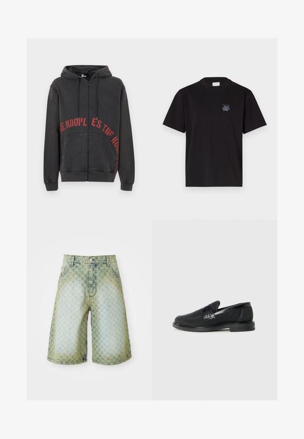Felpa nera con zip realizzata in cotone, caratterizzata da una stampa testuale rossa circolare sul davanti e due tasche laterali. Tessuto morbido e dalla consistenza piacevole.; T-shirt in cotone nero con collo rotondo e maniche corte. Presenta un piccolo logo blu sul lato sinistro del petto. Design semplice e dritto.; Shorts in denim con un motivo testurizzato, gradiente dal blu chiaro al verde, design classico a cinque tasche e chiusura con bottone in metallo.; Scarpa nera a mocassino intrecciata con un accentuato in pelle liscia sulla parte superiore, design a punta rotonda e suola in gomma a profilo basso.