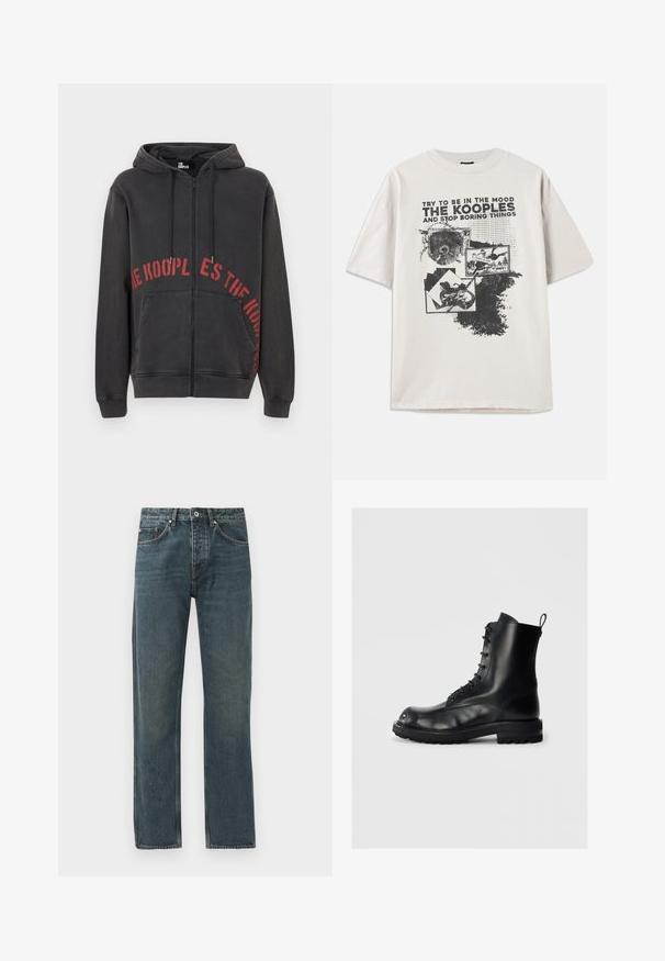 Black zip-up hoodie made of cotton, featuring a red circular text design on the front and two side pockets. Soft, textured fabric.; Short-sleeve cream t-shirt featuring a large black graphic print with text and images, round neck, and a relaxed fit. Rough hem detail.; Dark blue denim jeans with a straight leg design, featuring five pockets, a button closure, and contrasting stitching details.; Black leather lace-up boot with thick sole and pull tab on a plain light background, side view showing left boot.