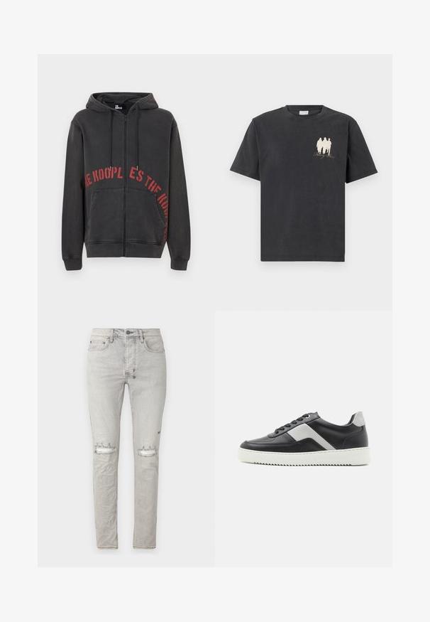 Black zip-up hoodie made of cotton, featuring a red circular text design on the front and two side pockets. Soft, textured fabric.; Black cotton t-shirt with short sleeves, featuring a small white graphic of three figures and the text "Falling Roses" on the left side.; Ksubi CHITCH PLUTO TRASHED - Jeans Skinny Fit - grey; Black leather sneaker with gray accents, white rubber sole, round toe, and six black eyelets for laces. Textured side panel detail.