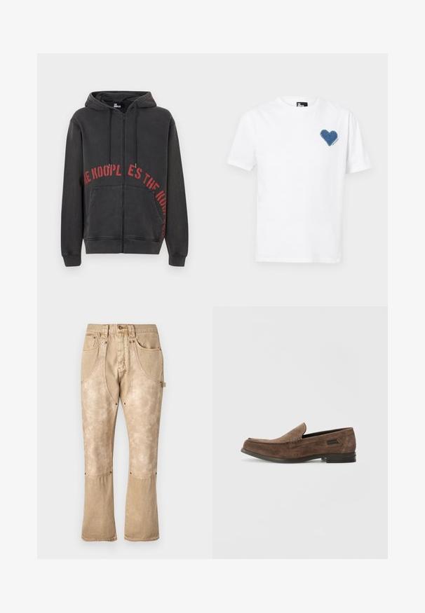 Melnas aizsietas kapučjakas, kas izgatavota no kokvilnas, ar sarkanu apļveida teksta dizainu priekšā un divām sānu kabatām. Mīksts, teksturēts audums.; Baltas kokvilnas T-krekls ar zila džinsa sirdīšu aplikāciju kreisajā krūtī. Īsas piedurknes un klasiskā apaļā izgriezuma forma.; Bēšas denima bikses ar nodilušu apdari, augstu jostasvietu, priekšējiem kabatām, kontrastējošo šuvju un izplešu kājām. Iezīmē metāla aksesuāru elementus.; Stuart Weitzman BURT - Čības - espresso