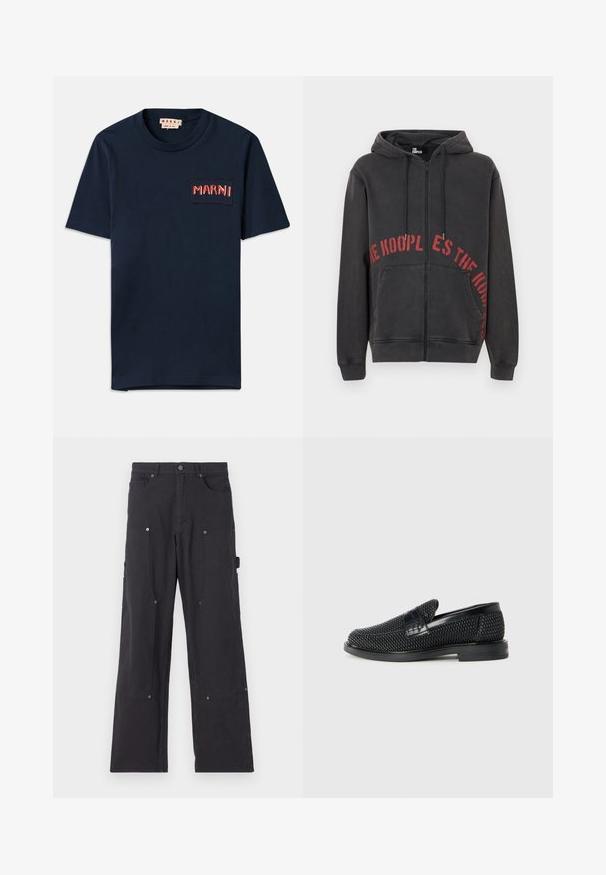 Melnas aizsietas kapučjakas, kas izgatavota no kokvilnas, ar sarkanu apļveida teksta dizainu priekšā un divām sānu kabatām. Mīksts, teksturēts audums.; Tumši zila kokvilnas T-krekls ar īsām piedurknēm, kas piedāvā taisnstūra kabatu ar kontrastējošu sarkano "MARNI" izšuvumu un izšūtiem akcentiem.; Melni cargo bikses, izgatavotas no izturīgas auduma, ar taisnu kāju dizainu, kas aprīkotas ar priekšējām kabatām, sprādzēm un sānu utilitātes kabatām.; Melnas austas slaidu kurpes ar gludu ādas akcentu augšpusē, apaļas formas purngalu un zemas profila gumijas zoli.