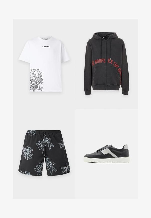 Sort zip-up hoodie lavet af bomuld, med et rødt cirkulært tekstdesign på forsiden og to sidelommer. Blødt, tekstureret stof.; Hvid bomulds t-shirt med en grå tegneseriefigur grafik nederst til venstre, med "ICEBERG" logoet trykt i sort ovenfor.; Sorte svømmebukser med et blankt blomsterdesign i lys grå. Elastisk talje med snøre og logo detalje på nederste højre side.; Sort lædersneakers med grå accenter, hvid gummisål, rund tå og seks sorte øjer til snørebånd. Teksturert sidetavle-detalje.