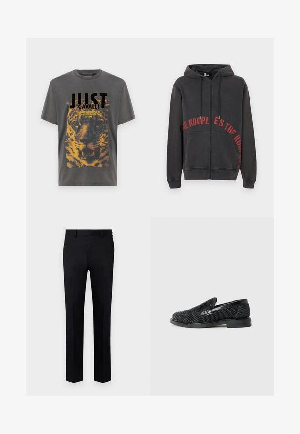 Svart hettegenser med glidelås laget av bomull, med en rød sirkulær tekstdesign på framsiden og to sidelommer. Myk, teksturert stoff.; Grå bomull t-skjorte med et stort leopardgrafikktrykk, fet "JUST CAVALLI" tekst i svart, og slitt detaljer for et brukt utseende.; Sorte bukser laget av glatt stoff, med rett ben design, frontfold og beltestropper i midjen. Ingen synlige mønstre eller detaljer.; Sorte vevde slip-on sko med en glatt lærdetalj på overdelen, design med rund tå og en lavprofil gummisåle.