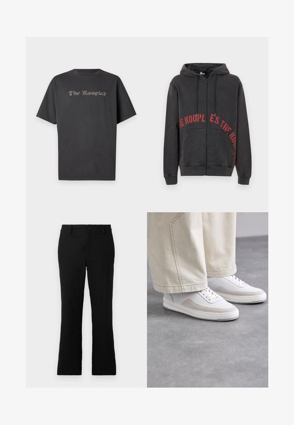 Černá mikina na zip vyrobená z bavlny, s červeným kruhovým textovým designem na přední straně a dvěma bočními kapsami. Měkká, texturovaná látka.; Tmavě šedé tričko s krátkým rukávem z bavlny. Obsahuje vzorovaný text "The Kooples" v kontrastní barvě. Klasický design s kulatým výstřihem.; Černé rozšiřující se kalhoty vyrobené z bavlněné směsi, s knoflíkovým uzávěrem, poutky na pás a hladkou strukturou bez viditelných vzorů.; Bílé tenisky s hladkým koženým svrškem, béžovými semišovými detaily, plochými tkaničkami a texturovanou gumovou podrážkou, zkombinované s světlými širokými kalhotami.
