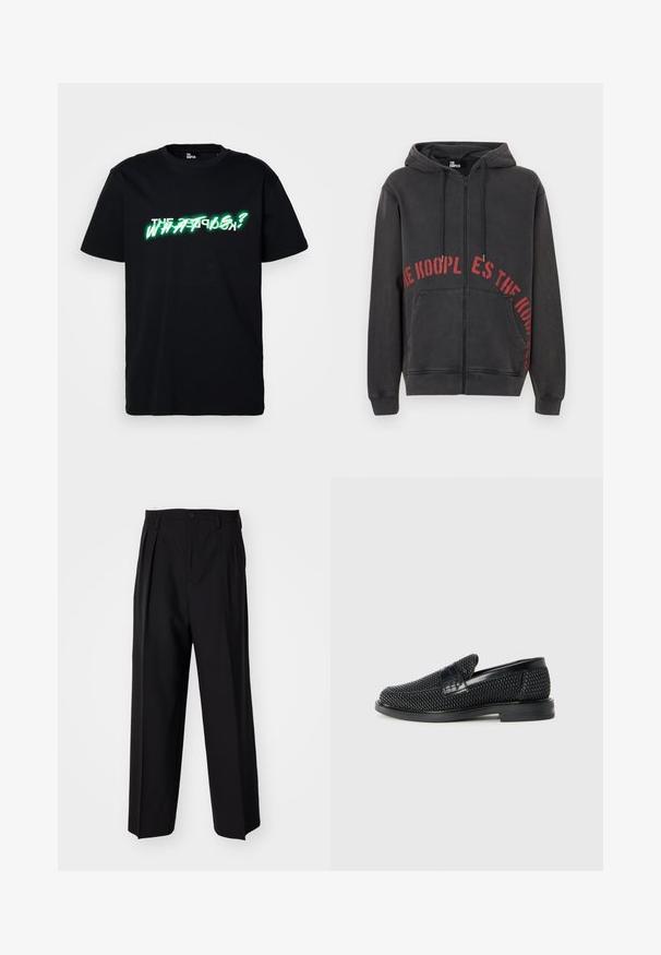 Czarna bluza z kapturem na zamek, wykonana z bawełny, z czerwoną, okrągłą grafiką tekstową na przodzie oraz dwoma bocznymi kieszeniami. Miękka, teksturowana tkanina.; Czarna bawełniana koszulka z odważnym zielono-białym napisem "CO TO JEST?" z przodu. Okrągły dekolt i krótkie rękawy.; Czarne plisowane spodnie o prostym, szerokim kroju nogawek. Wykonane z gładkiego materiału, z zapięciem na guzik i pętelkami na pasek.; Czarny, pleciony but wsuwany z gładkim skórzanym akcentem na cholewce, o okrągłym nosku i niskoprofilowej gumowej podeszwie.