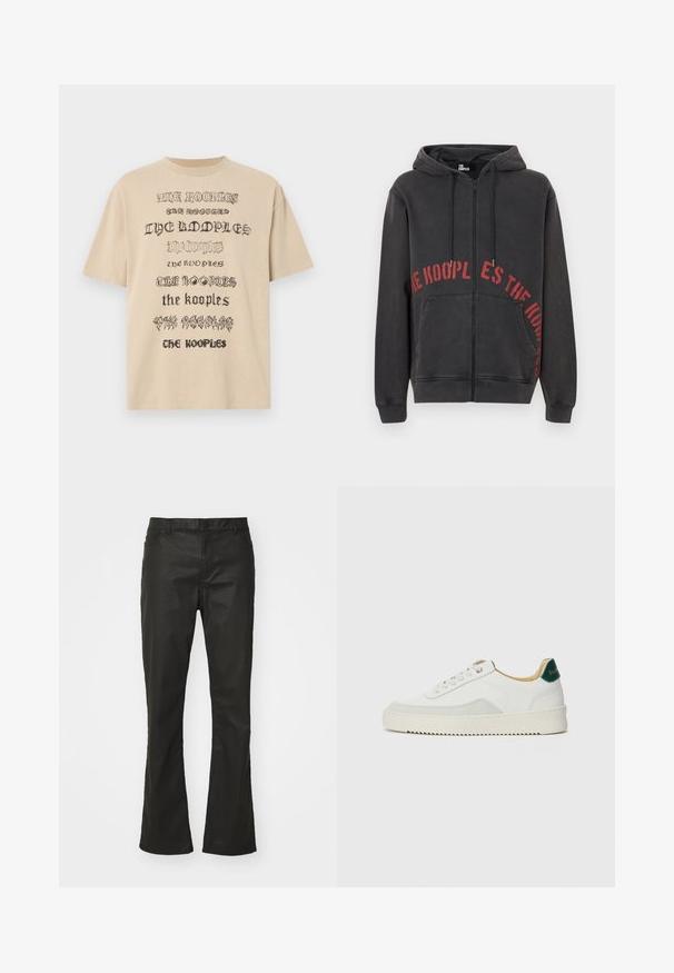 Must mustaga, millel on ees punane ringikujuline tekstikujundus ja kaks küljetaskut. Pehme, tekstuuriga kangas.; Beež suur t-särk, millel on mustade korduvate tekstigraafikute kujundus erinevates fontides. Valmistatud pehmest puuvillasegust.; Mustad flared teksad, mis on valmistatud puuvillasegist kangast, millel on nööbikinnitus, viis taskut ja peene sära tekstureeritud pinnal.; Valged tennisjalanõud, millel on sametised aktsendid, ümar varvas, lame nöörid ja kreemjas kummine põhja. Hästi nähtav roheline bränding kannal.