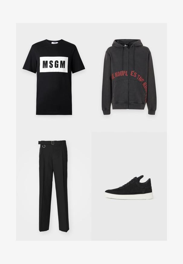 Sort zip-up hoodie lavet af bomuld, med et rødt cirkulært tekstdesign på forsiden og to sidelommer. Blødt, tekstureret stof.; Sort bomulds T-shirt med korte ærmer, der har et hvidt rektangulært logo med "MSGM" i fede sorte bogstaver på forsiden.; Études LOOSE SUIT PANT - Habitbukser - black; Sort ruskinds sneaker med en hvid gummisål, der har tonalt syet detalje og snørredesign. Glat tekstur med en moderne, strømlinet form.
