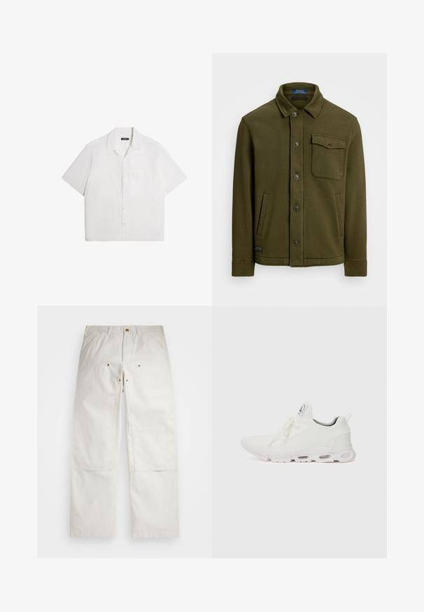 Mørkeoliven grøn bomuldsjakke med krave, frontknapper, en brystlomme og to sidelommer. Glat tekstur med minimal detailing.; Kortærmet hvid skjorte, blød tekstur, knapfront, spredt krave, enkelt brystlomme, afslappet boksdesign. Ensfarvet uden mønstre.; Hvide bomuldsbukser med en afslappet pasform, der har forlommer, guld hardware detaljer og knælapper.; Hvide atletiske sko med en tekstureret strikket overdel, flade snørebånd og en polstret sål med synlige luftkamre for ekstra støtte.