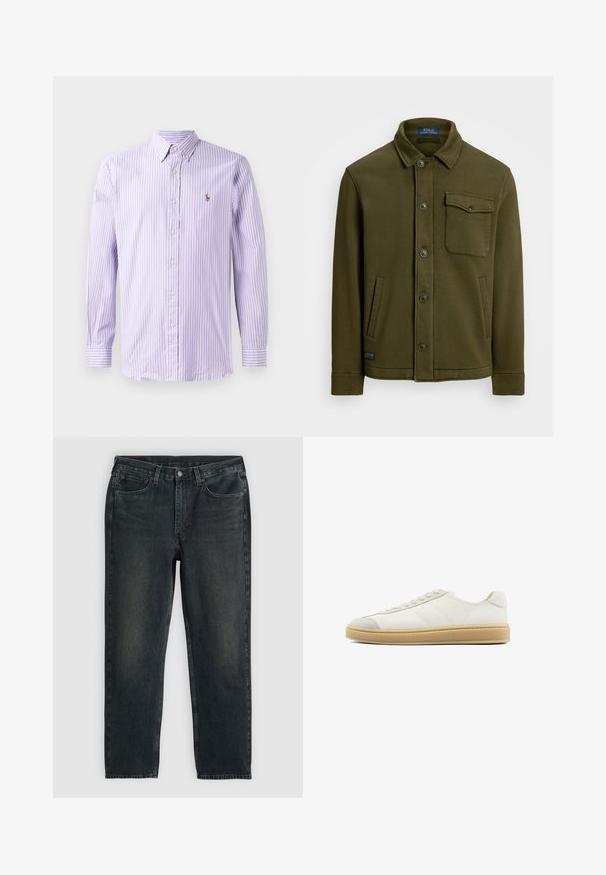 Mörk olivgrön bomullsjacka med krage, framknäppning, en bröstficka och två sidfickor. Slät textur med minimal detaljering.; Lila randig skjorta med lång ärm, knapplås krage och logotyp på bröstet. Tyget har en slät textur.; Mörkblå denimjeans med rak benstil, med fem fickor, dragkedja och kontrasterande sömmar. Subtil utblödning på tyget.; Vita mockalädersneakers med en slät yta, rund tå, snörning fram och en tan gummisula. Har subtila sidosträck och häldetaljer.