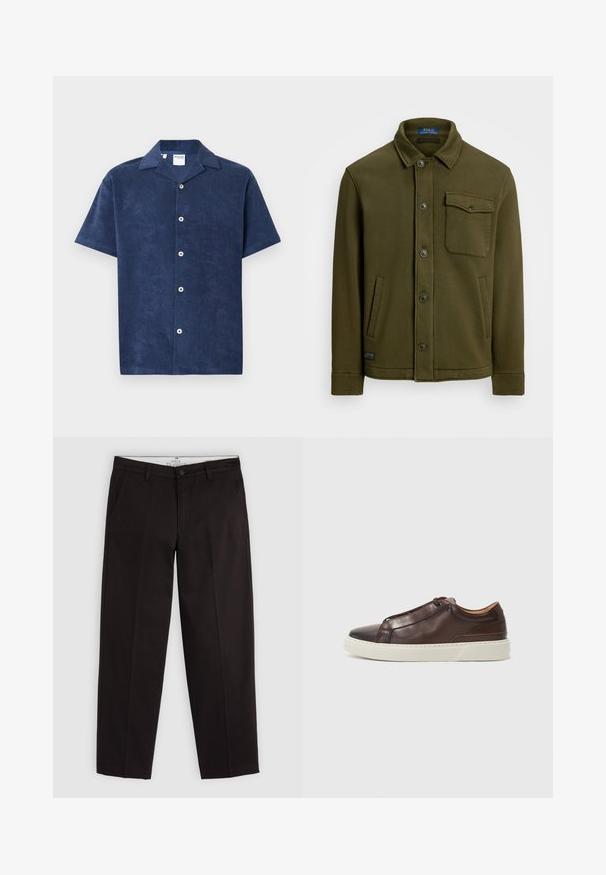 Tamno maslinasto zelena pamučna jakna s kragnom, prednjim dugmadi, jednom džepom na prsima i dva bočna džepa. Glatka tekstura s minimalnim detaljima.; Majica kratkih rukava od tamnoplave frotir tkanine, s istaknutim kragnom i pet okruglih bijelih dugmadi na prednjoj strani. Glatka tekstura.; Crne ravne chinos hlače s petljama za remen, kopčanjem na dugme i bočnim džepovima, prikazane na svijetlosivoj pozadini.; Smeđe kožne tenisice s okruglim vrhom, kontrastnom bijelom gumenom potplatom, prošivenim detaljima i bez vidljivih vezica. Sveukupno glatka tekstura.