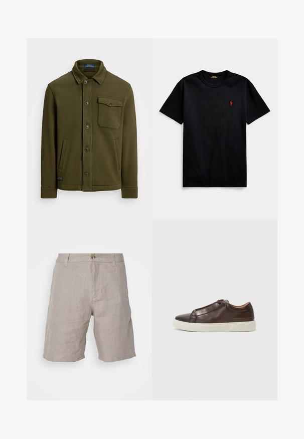 Temno olivno zelena bombažna jakna s ovratnikom, sprednjimi gumbi, enim žepom na prsih in dvema stranskima žepoma. Gladka tekstura z minimalnim oblikovanjem.; Črna bombažna majica s kratkimi rokavi, okroglo izrezana in z majhnim rdečim vezenim logotipom na levem prsnem delu. Gladka tekstura, sproščen dizajn.; Bež lanene kratke hlače sproščenega kroja, z gumbom za zapiranje, zankami za pas in gladko teksturo. Brez vidnih vzorcev ali poudarkov.; Rjavi usnjeni športni čevlji z zaobljenim nosom, kontrastnim belim gumijastim podplatom, šivanim detajlom in brez vidnih vezalk. Splošno gladka tekstura.