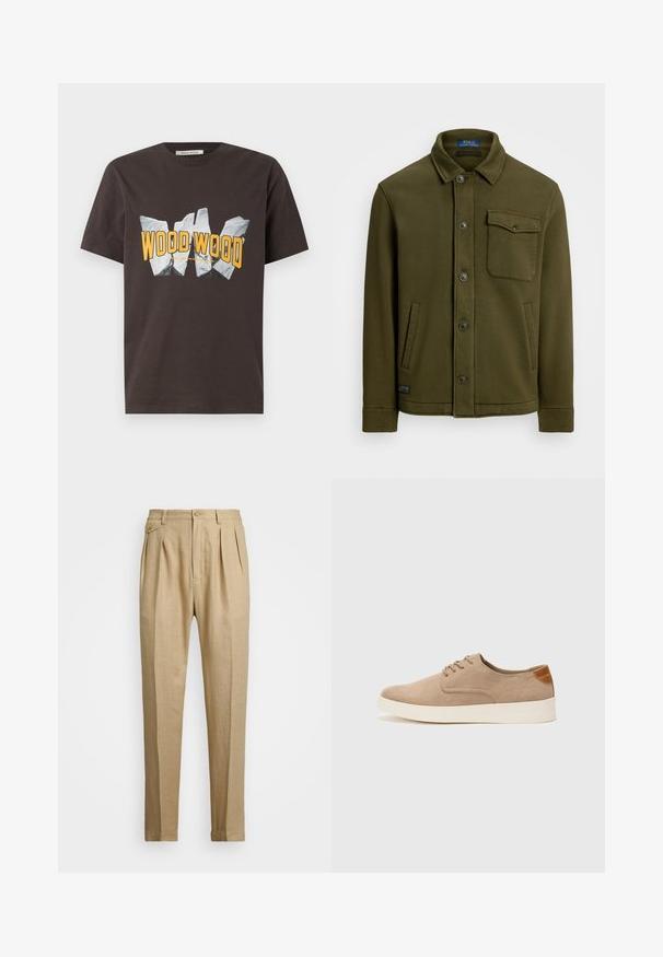 Mørkeolivgrønn bomullsjakke med krage, frontknapper, én brystlomme og to sidelommer. Glatt tekstur med minimal detaljering.; Brun bomull t-skjorte med hvit og gul grafisk tekst "WOOD WOOD" med et krøllet papireffekt i midten. Korte ermer, rund hals.; Beige linbukser med rett snitt, med to frontfold, knappeåpning og sidelommer. Teksturt stoff med en glatt finish.; Beige semskinnsko med rund tå, snøring foran og en teksturert bakre aksent. Hvit gummisåle gir kontrast. Enkelt og moderne design.