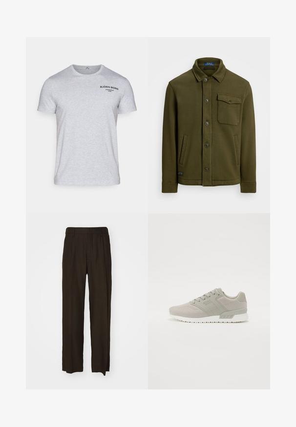 Tumeoliivne puuvillane jakk krae, esifirmad, üks rinnatasku ja kaks küljetaskut. Sujuv tekstuur minimaalsete detailidega.; Heledhall hallusünnaga puuvillane t-särk, millel on lühikesed varrukad ja ümar kaelus. Ülemises vasakus rinnas on must logo.; Pruunid laiad püksid tekstureeritud kangast, millel on kõrge talje ja ees olevad voldid. Sirged jalgade lõiked, puhtad ja viimistletud äärised.; Hallide spordijalatsid halli värvi, tekstuurse võrgu ülemise osaga, tugevdatud detailide ja valge kummitaldaga. Varustatud paeltega ja diskreetse brändingu elementidega külgedel.