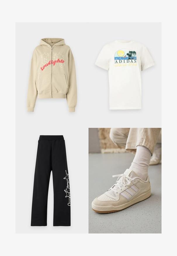 Felpa con zip beige realizzata in morbido tessuto, con una grande scritta ricamata "lowlights" in rosa, due tasche frontali e un cappuccio con coulisse.; T-shirt di cotone bianco con un design grafico raffigurante un sole, palme e acqua. "ADIDAS Sports Club" stampato in verde e giallo.; Pantaloni da tuta neri con gamba larga, vita elasticizzata, tasche laterali e una grafica bianca lungo la gamba sinistra. Realizzati in tessuto morbido.; Sneaker bianca con tomaia in suede e pelle, punta perforata, tre strisce grigio chiaro, lacci piatti e una suola in gomma testurizzata color gomma.