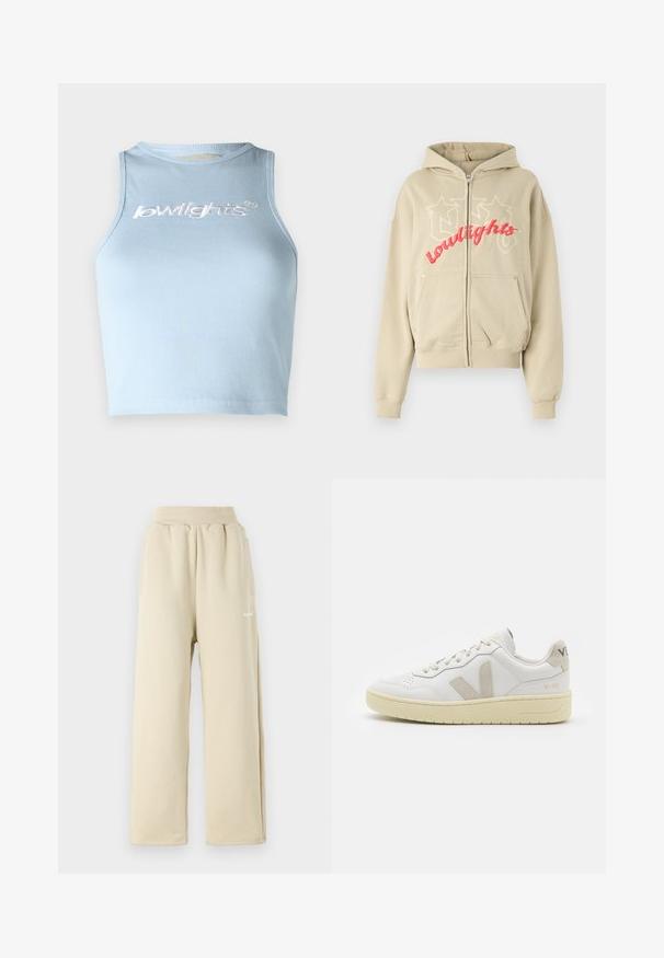 Beige hættejakke med lynlås lavet af blødt stof, der har en stor broderet "lowlights" tekst i pink, to forlommer og hætte med snøre.; Lyseblå, ribbet crop top med rund halsudskæring og uden ærmer. Har hvid broderet tekst foran.; Beige brede sweatpants lavet af blødt stof, med elastisk talje, sidelommer og lille broderet logo detaljer.; Hvide lærreds sneakers med beige ruskindsdetaljer, perforeret tåboks, flade snørebånd og en struktureret cremefarvet sål. Har diskret branding på hælen.