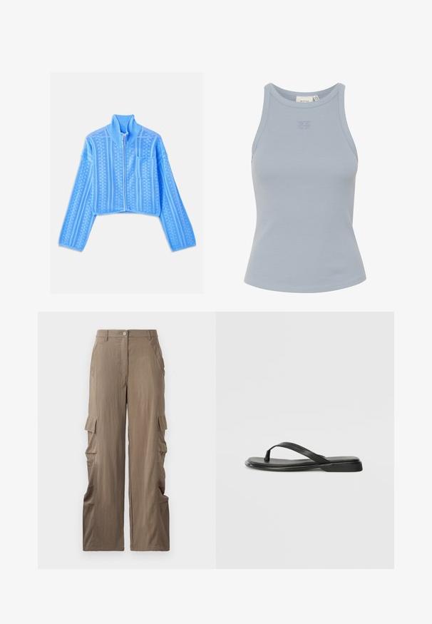 Hele helge sinine lühike jakk, mis on valmistatud tekstuuriga kudumifabrist, kõrge kraega, täispika tõmblukuga ja vasakul rinnataskul horisontaalsed triibud.; Hea sinine ilma varrukateta ribakujuline tank top, millel on ümmargune dekoltee ja väike logo tikand keskel. Sile tekstuur, tihe siluett.; Kergelt pruunist kangast cargo püksid, sirge jala disainiga, kahe külje tasku ja kahe cargo taskuga reite peal.; Musta sussumood, mis on valmistatud siledast nahast. Sellel on õhuke rihma disain ja lame tald minimaalsete joontega. Mingeid silmatorkavaid mustreid või aktsente ei ole.