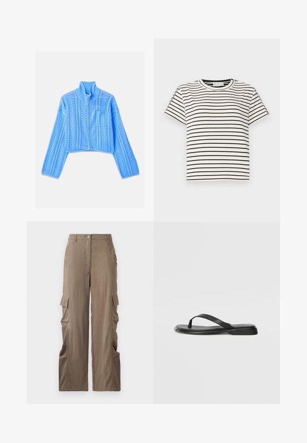 Veste cropped bleu clair en tissu tricoté texturé, avec un col haut, une fermeture éclair intégrale et une poche sur la poitrine gauche avec des rayures horizontales.; T-shirt en coton à manches courtes avec un col rond, présentant des rayures verticales noires sur un fond blanc et un design à coupe droite.; Pantalons cargo en tissu beige clair, avec une coupe droite, deux poches latérales et deux poches cargo sur les cuisses.; Tongs noires en cuir lisse, avec un design de sangle fine et une semelle plate à profil minimal. Aucun motif ou accent notables.