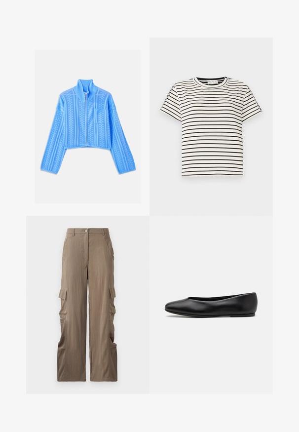 Light blue cropped jacket made of textured knit fabric, featuring a high collar, full zipper, and a left chest pocket with horizontal stripes.; Cotton short-sleeve T-shirt with a crew neckline, featuring black vertical stripes on a white background and a straight cut design.; Cargo pants in a light brown fabric, featuring a straight-leg design, two side pockets, and two cargo pockets on the thighs.; Paul Smith TOPANGA - Ballet pumps - black