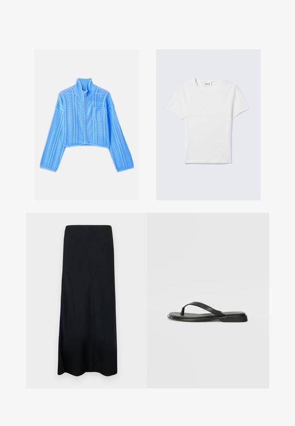 Vaaleansininen lyhyt takki, joka on valmistettu tekstuurikutoisesta kankaasta. Siinä on korkea kaulus, täysi vetoketju ja vasemmassa rinnassa vaakasuuntaisia raitoja sisältävä tasku.; Valkoinen lyhythihainen T-paita, joka on valmistettu puuvillasta. Ominaisuuksiin kuuluu pyöreä kaula-aukko, pelkistetty muotoilu ja logotunnus kaula-aukolla. Sileä pinta.; Musta maksihame, joka on valmistettu sileästä kankaasta, suoran siluetin omaava ja sivuhalkio. Ei kuvioita tai lisäyksiä.; Mustat varvastossut, joissa on sileä nahkapinta, ohut hihna ja litteä pohja, jossa on minimalistinen muotoilu. Ei huomattavia kuvioita tai koristeita.