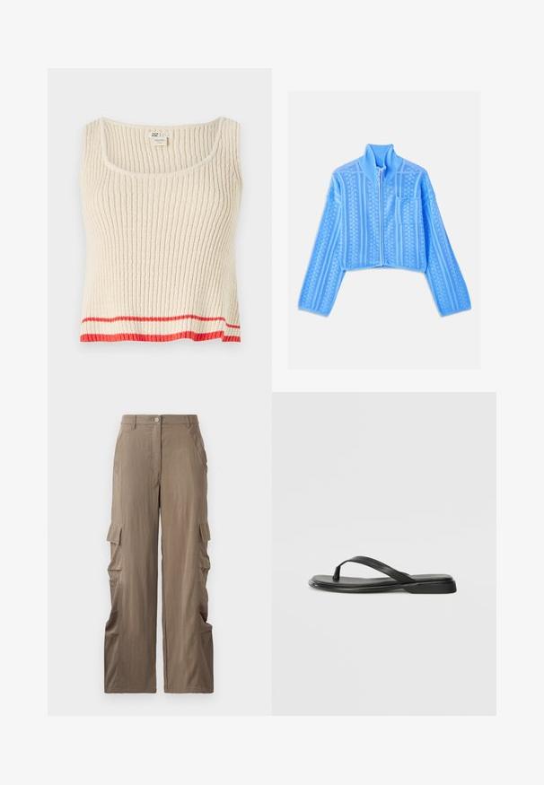 Light blue cropped jacket made of textured knit fabric, featuring a high collar, full zipper, and a left chest pocket with horizontal stripes.; Cream-colored ribbed tank top with a scoop neck and a red horizontal stripe at the hem. Soft, textured fabric with a relaxed fit.; Cargo pants in a light brown fabric, featuring a straight-leg design, two side pockets, and two cargo pockets on the thighs.; Black flip-flop made of smooth leather, featuring a thin strap design and a flat sole with a minimal profile. No notable patterns or accents.