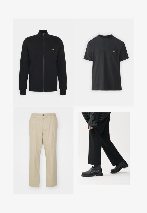 Schwarze Zip-Jacke aus weichem Material. Sie verfügt über einen hohen Kragen, lange Ärmel und ein kleines grünes Logo auf der linken Seite der Brust.; Schwarz Baumwoll-T-Shirt mit kurzen Ärmeln, rundem Ausschnitt und einem kleinen grünen Logo auf der linken Brusttasche. Einfaches Design, reguläre Passform.; Jack & Jones JPSTKARL JJLAWRENCE SOUTH - Stoffhose - crockery; Schwarze Lederschuhe mit einer runden Spitze, Schnürdesign und dicker, strukturierter Sohle. Getragen mit maßgeschneiderten schwarzen Hosen und einem gerippten Pullover.