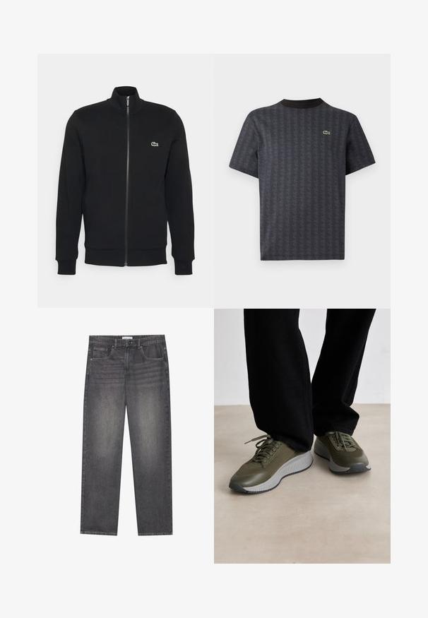 Jqueta preta com fecho éclair, feita de um tecido macio. Apresenta um colarinho alto, mangas longas e um pequeno logótipo verde do lado esquerdo do peito.; T-shirt preta de mangas curtas com um padrão geométrico e um logótipo de crocodilo verde, com um gola redonda preta sólida.; Jeans de denim cinza escuro com corte reto, apresentando cinco bolsos, fecho frontal com botão e um esmaecimento subtil em toda a peça.; Ténis verdes-azeitona com um upper de malha texturizada e detalhes suaves, apresentando uma sola cinza e um design de atar. Usados com calças pretas.