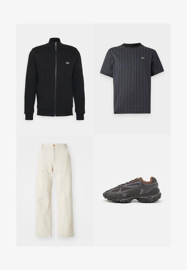 Sort zip-jakke lavet af blødt stof. Har en høj krave, lange ærmer og et lille grønt logo på venstre side af brystet.; Sort kortærmet t-shirt med et geometrisk mønster og et grønt krokodille-logo, med en ensfarvet sort rund hals.; Beige brede bukser lavet af bomuld, med knaplukning, to sidelommer og lige snit, med en glat tekstur.; Lacoste sneakers i mørkegrå med mesh og syntetisk materiale, udstyret med en tekstureret sål og brune accenter på kraven og brandingen.