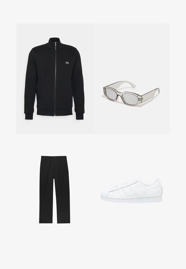 Black zip-up jacket made of soft fabric. Features a high collar, long sleeves, and a small green logo on the left side of the chest.; Yellow polo shirt made from cotton, featuring a two-button placket, short sleeves, and a small black crocodile logo on the chest.; Black pants with a straight-leg design, made from a smooth fabric. Features front pleats and a single button closure at the waist.; adidas Originals SUPERSTAR FOUNDATION ALL BLACK STYLE SHOES - Trainers - white; Gray translucent sunglasses with a rectangular shape, flat lenses, and thick arms. Features a subtle hinge detail on the temples.