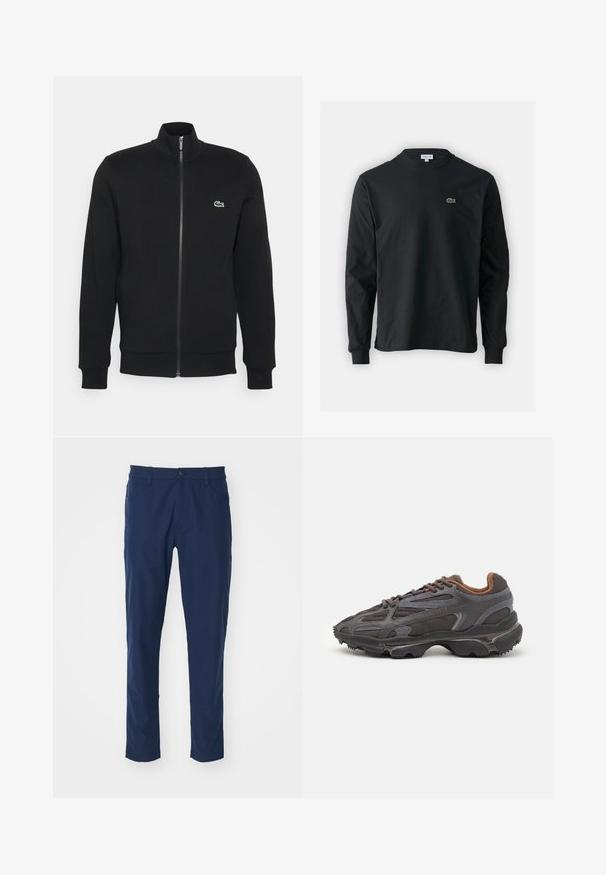 Fekete, cipzáros dzseki puha anyagból. Magas nyaka, hosszú ujjai és a bal mellen egy kis zöld logó található.; Fekete hosszú ujjú pamut póló, kerek nyakkivágással, bal mellen egy kis zöld hímzett krokodil logóval.; Sötétkék nadrág sima textúrával, slim fit fazonnal, elülső zsebekkel és egyetlen gombos záródással a derékrésznél. Nincsenek látható minták.; Sötét szürke Lacoste sportcipők hálós és szintetikus anyagból, textúrázott talppal és barna díszítésekkel a nyak részen és a logón.