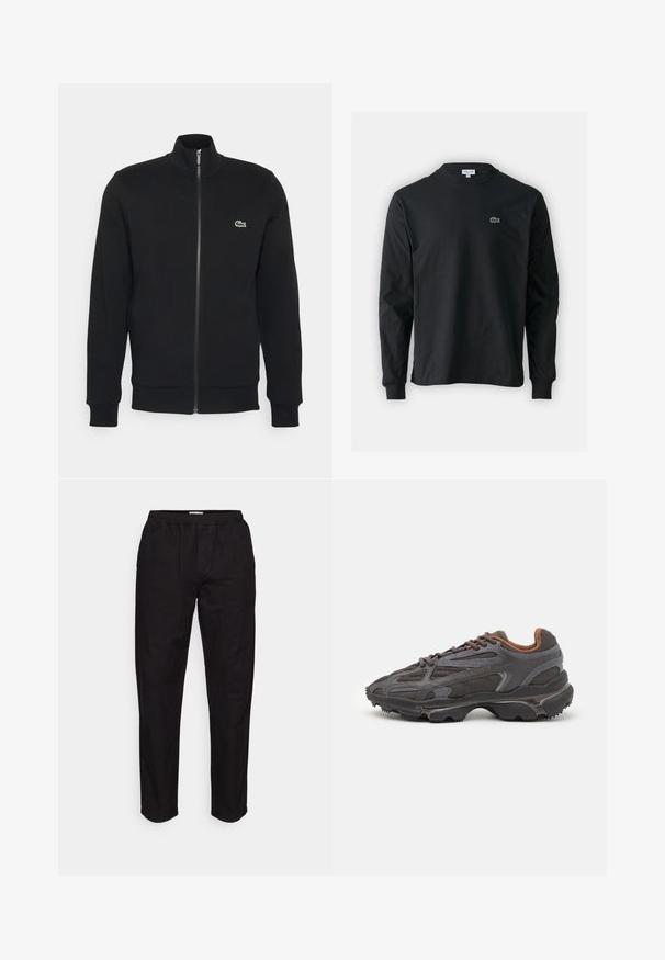 Must mustri erkkär, pehmete kangastega. Omab kõrget kraed, pikki varrukaid ja väikest rohelist logo rindkere vasakul küljel.; Must musta särk pikad varrukad, valmistatud puuvillast, ümar kaelus ja vasakul rinnal väike rohelise värvi tikandiga krokodillilogoga.; Samsøe Samsøe SAJABARI TROUSERS - Püksid - black; Tumed hallid Lacoste tossud, mis on valmistatud võrkkangast ja sünteetilisest materjalist, omavad tekstureeritud talla ning pruune aktsente kaeluse ja brändingu juures.