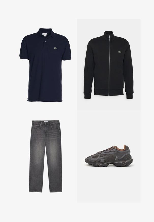 Zwarte ritsjack gemaakt van zachte stof. Heeft een hoge kraag, lange mouwen en een klein groen logo aan de linkerkant van de borst.; Marineblauwe polo shirt van katoen met een klassieke pasvorm, voorzien van een knoopsluiting met twee knopen en een klein groen krokodillenlogo op de borst.; Donkergrijze denim jeans met een rechte snit, voorzien van vijf zakken, een knoopsluiting aan de voorkant en subtiele vervaging over de stof.; Lacoste sneakers in donkergrijs van mesh en synthetisch materiaal, met een gestructureerde zool en bruine accenten op de kraag en branding.