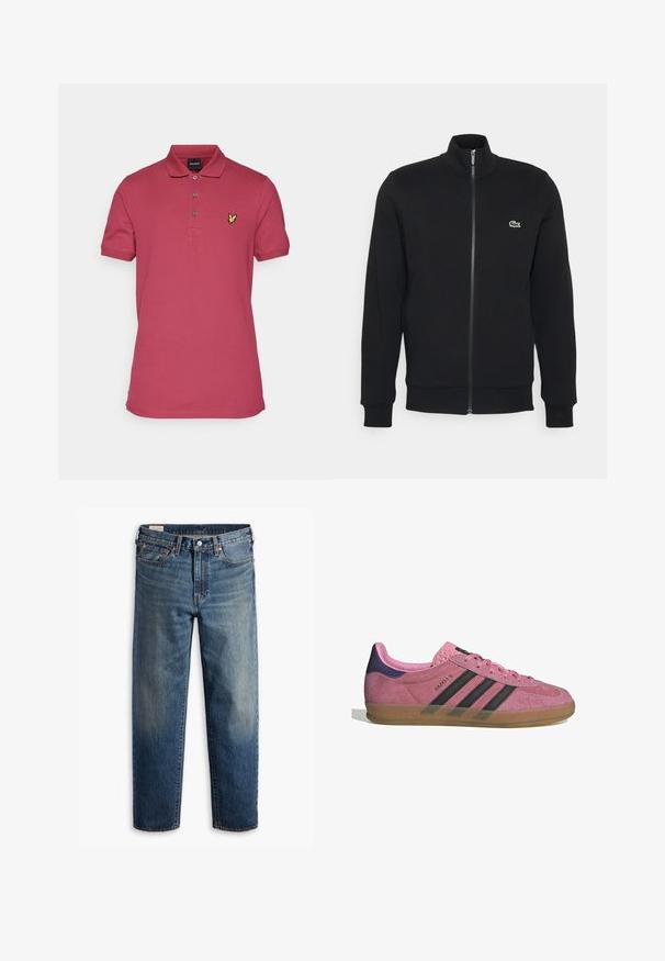 Svart hettejakke laget av mykt stoff. Har høy krage, lange ermer og en liten grønn logo på venstre side av brystet.; En bomullspolo i bringebærfarge med en brodert logo i gult. Har krage, placket med tre knapper og kortermede.; Blå rett-linye denimjeans med klassisk fem-lomme-design, knappelukking og subtilt falmet vask på lår og knær.; Rosa semskesko med svarte striper, gummisåle og teksturert lilla hæl. Har en snøringdesign og preget merkevare på siden.