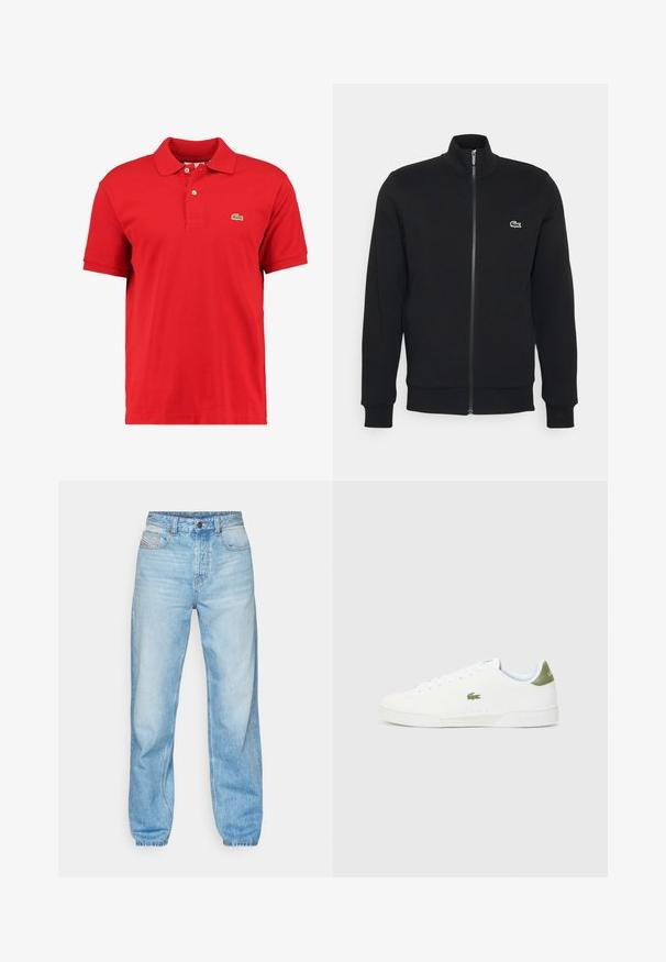 Jachetă neagră cu fermoar, fabricată dintr-un material moale. Prezintă un guler înalt, mâneci lungi și un mic logo verde pe partea stângă a pieptului.; Cămașă polo roșie din bumbac texturat, cu guler clasic, mâneci scurte, închidere cu două butoane și un mic logo verde pe piept.; Blugi de culoare albastru deschis din denim, cu croială dreaptă, design cu cinci buzunare și o deschidere cu buton vizibil cu cusături contrastante.; Adidași albi cu o textură fină, având un accent verde la călcâi și un mic logo brodat al unui crocodil pe lateral.