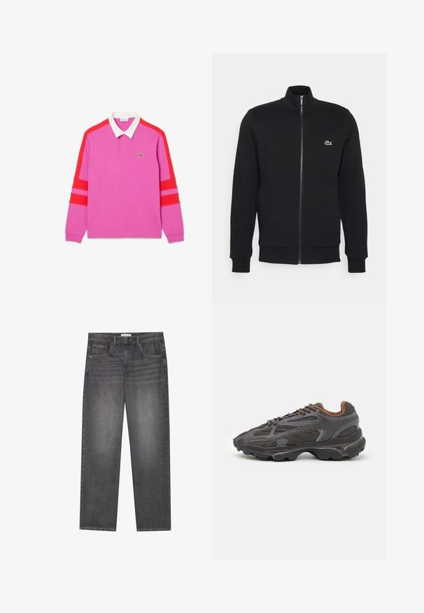 Svart hettejakke laget av mykt stoff. Har høy krage, lange ermer og en liten grønn logo på venstre side av brystet.; Rosa langermet polo skjorte med røde striper på ermene og en hvit krage. Inkluderer en liten grønn logo på brystet.; Mørkegrå denimjeans med rett snitt, som har fem lommer, en frontlukking med knapp og subtil fading over stoffet.; Lacoste-sneakers i mørkegrått med mesh- og syntetisk materiale, med en teksturert såle og brune detaljer på kragen og merket.