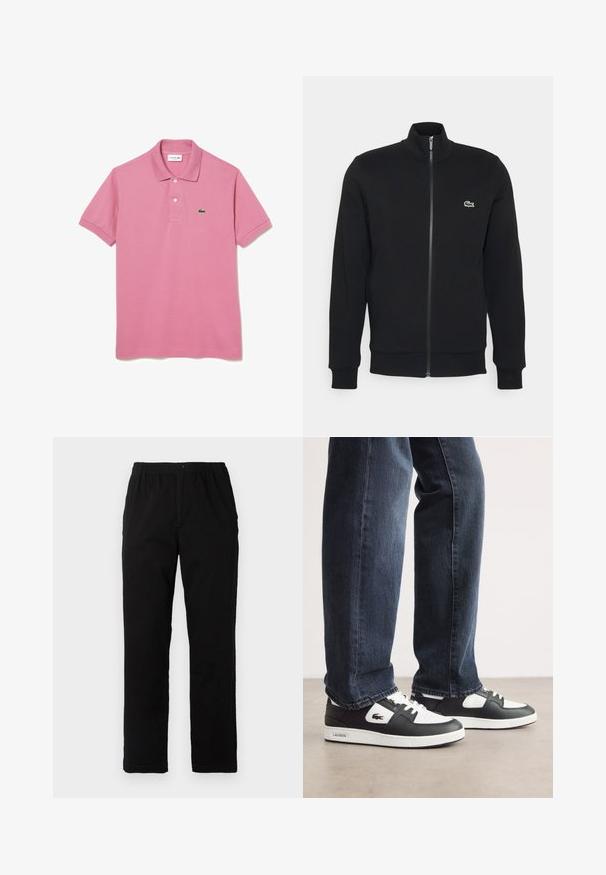 Svart zip-up jacka i mjukt tyg. Har hög krage, långa ärmar och en liten grön logotyp på vänster sida av bröstet.; Pikétröja i ljusrosa bomull med korta ärmar, klassisk krage och treknäppning. Har en grön Lacoste-logga på vänstra bröstet.; Svarta byxor i en blandning av bomull, med rak passform, elastisk midja med knapp och utan synliga mönster eller accenter.; Svarta och vita Lacoste-sneakers med en texturerad läderövre, med snörningsdesign och en vit gummisula. Bärs med mörka jeans.