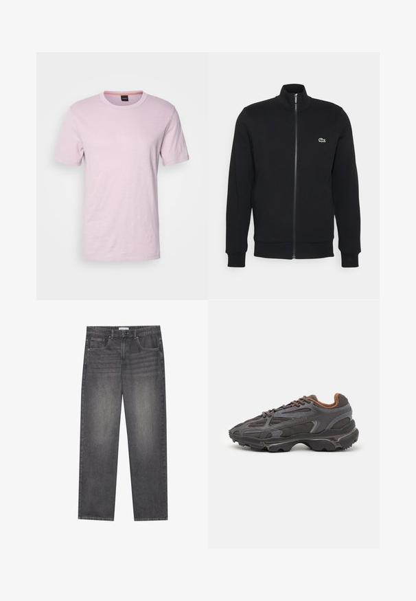 Black zip-up jacket made of soft fabric. Features a high collar, long sleeves, and a small green logo on the left side of the chest.; BOSS TEGOOD - Basic T-shirt - open purple; Dark gray denim jeans with a straight cut, featuring five pockets, a front button closure, and subtle fading across the fabric.; Lacoste sneakers in dark gray with mesh and synthetic material, featuring a textured sole and brown accents on the collar and branding.