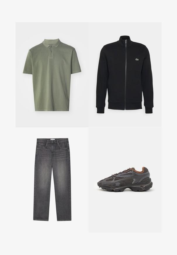 Jqueta preta com fecho éclair, feita de um tecido macio. Apresenta um colarinho alto, mangas longas e um pequeno logótipo verde do lado esquerdo do peito.; BOSS DYE - Polo - open green; Jeans de denim cinza escuro com corte reto, apresentando cinco bolsos, fecho frontal com botão e um esmaecimento subtil em toda a peça.; Ténis Lacoste em cinza-escuro com material em malha e sintético, apresentando uma sola texturizada e detalhes castanhos na gola e na marca.