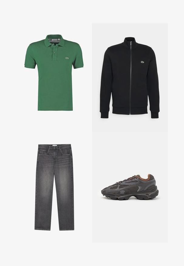 Svart hettejakke laget av mykt stoff. Har høy krage, lange ermer og en liten grønn logo på venstre side av brystet.; Grønn polo skjorte laget av bomull, med klassisk krage, to-knappers placket og en liten brodert logo på brystet.; Mørkegrå denimjeans med rett snitt, som har fem lommer, en frontlukking med knapp og subtil fading over stoffet.; Lacoste-sneakers i mørkegrått med mesh- og syntetisk materiale, med en teksturert såle og brune detaljer på kragen og merket.