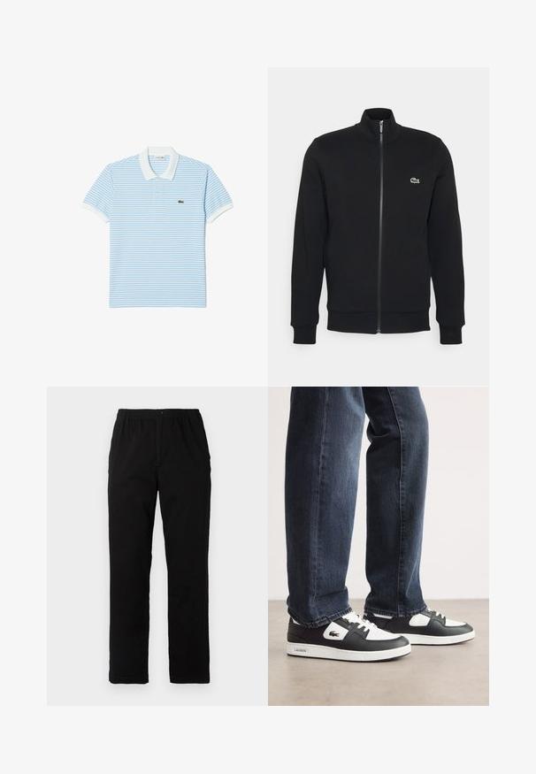 Musta vetoketjullinen takki, joka on valmistettu pehmeästä kankaasta. Takissa on korkea kaulus, pitkät hihat ja pieni vihreä logo vasemmalla puolella rintaa.; Sininen ja valkoinen raidoitettu polo-paita, joka on valmistettu puuvillasta. Paitassa on klassinen kaulus, lyhyet hihat ja vasemmassa rinnassa vihreä logo.; Mustat housut, jotka on valmistettu puuvilla-sekoitekankaasta, suoran mallin, joustavan vyötärönauhan ja napin kanssa, ilman näkyviä kuvioita tai yksityiskohtia.; Mustat ja valkoiset Lacoste-tennarit, joissa on teksturoitu nahkapinta, nauhakiinnitys ja valkoinen kumipohja. Yhdistetty tummiin farkkuihin.