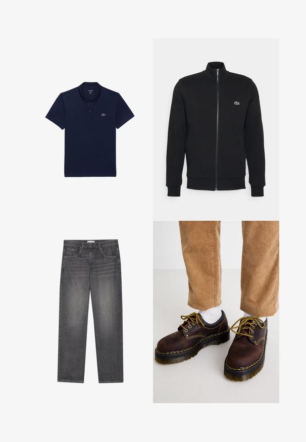 Musta vetoketjullinen takki, joka on valmistettu pehmeästä kankaasta. Takissa on korkea kaulus, pitkät hihat ja pieni vihreä logo vasemmalla puolella rintaa.; Tummansininen poolopaita, joka on valmistettu puuvillasta; siinä on klassinen kaulus, lyhyet hihat ja pieni valkoinen brodeerattu logo vasemmassa rinnassa.; Tummanharmaat farkut suoralla leikkauksella, joissa on viisi taskua, edessä nappikiinnitys ja hieno haalistuminen kankaan pinnalla.; Ruske nahkasaappaat keltaisella ompelella, pyöreä varvas, paksu tasapohja ja kontrastiväriset mustat yksityiskohdat. Yhdistetty valkoisten sukkien ja corduroy-housujen kanssa.