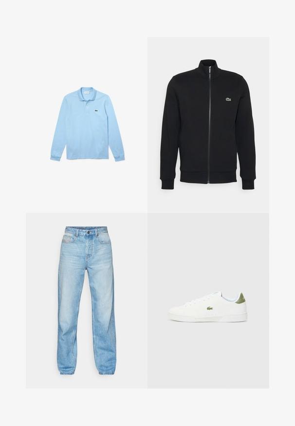 Schwarze Zip-Jacke aus weichem Material. Sie verfügt über einen hohen Kragen, lange Ärmel und ein kleines grünes Logo auf der linken Seite der Brust.; Hellblauses Langarm-Polohemd mit Kragen, mit grünem Lacoste-Logo auf der linken Brustseite. Hergestellt aus weichem Baumwollmaterial.; Helle blaue Jeans aus Denim, mit geradem Schnitt, Fünf-Taschen-Design und sichtbarem Knopfverschluss mit kontrastierenden Nähten.; Weiße Sneakers mit glatter Textur, die an der Ferse einen grünen Akzent und ein kleines eingesticktes Krokodil-Logo an der Seite aufweisen.