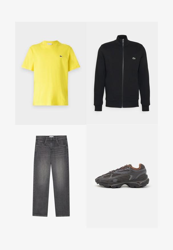 Svart hettejakke laget av mykt stoff. Har høy krage, lange ermer og en liten grønn logo på venstre side av brystet.; Gul bomull T-skjorte med rund halslinning og kortermet. Har en liten svart Lacoste-logo på brystet. Glatt tekstur.; Mørkegrå denimjeans med rett snitt, som har fem lommer, en frontlukking med knapp og subtil fading over stoffet.; Lacoste-sneakers i mørkegrått med mesh- og syntetisk materiale, med en teksturert såle og brune detaljer på kragen og merket.