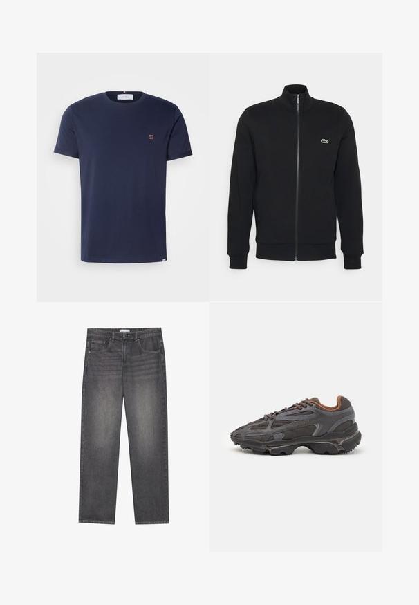 Jqueta preta com fecho éclair, feita de um tecido macio. Apresenta um colarinho alto, mangas longas e um pequeno logótipo verde do lado esquerdo do peito.; T-shirt de manga curta azul-marinho feito de algodão suave, com um decote redondo e um pequeno bordado laranja "II" no peito.; Jeans de denim cinza escuro com corte reto, apresentando cinco bolsos, fecho frontal com botão e um esmaecimento subtil em toda a peça.; Ténis Lacoste em cinza-escuro com material em malha e sintético, apresentando uma sola texturizada e detalhes castanhos na gola e na marca.