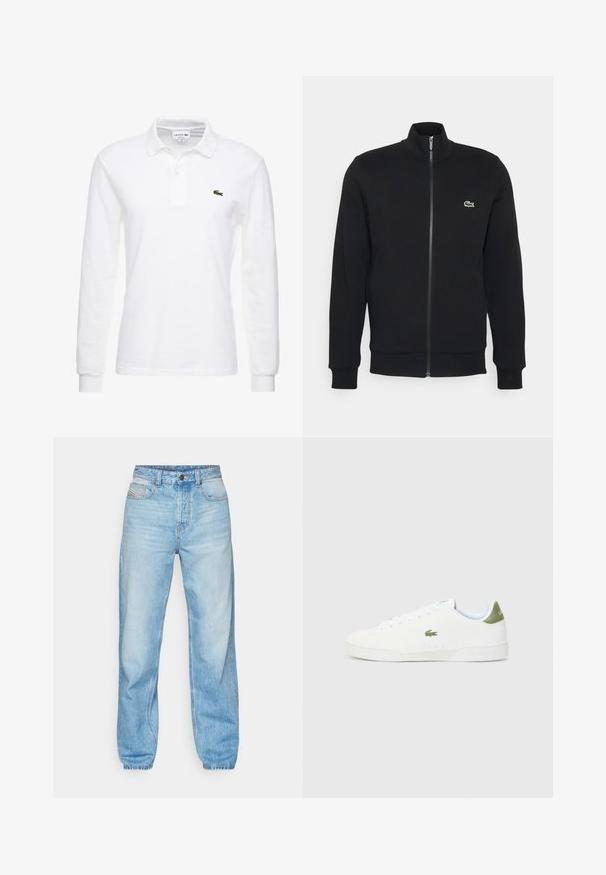 Musta vetoketjullinen takki, joka on valmistettu pehmeästä kankaasta. Takissa on korkea kaulus, pitkät hihat ja pieni vihreä logo vasemmalla puolella rintaa.; Valkoinen pitkähihaisessa polo-paidassa on klassinen kaulus ja pieni vihreä Lacoste-logo rinnassa. Pehmeä pinta.; Vaaleansiniset farkut, joissa on suora leikkaus, viisi taskua ja näkyvä nappikiinnitys, jossa on kontrastivärinen ommel.; Valkoiset tennarit, joissa on sileä pinta, vihreä yksityiskohta kantapäässä ja pieni brodeerattu krokotiililogo sivussa.