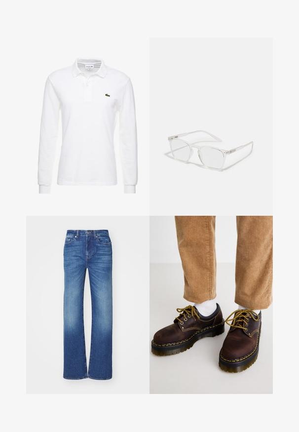 Must mustri erkkär, pehmete kangastega. Omab kõrget kraed, pikki varrukaid ja väikest rohelist logo rindkere vasakul küljel.; Valge pika varrukaga polo särk, mis on valmistatud puuvillast, klassikalise kraega ja väikese rohelise Lacoste logoga rinnal. Sile tekstuur.; Sinine teksapüksid otse lõikega, millel on kulunud pesu, viis taskut ja nööp- ning tõmblukuga kinnitus vööl.; Pruunid nahast kingad, millel on kollane õmblus, ümmargune varvas, paks platvormi talla ja kontrastsed mustad aktsendid. Kanda valgete sokkidega ja volditud pükstest.; CHPO ZEBBE UNISEX - Sinise valguse prillid - transperent