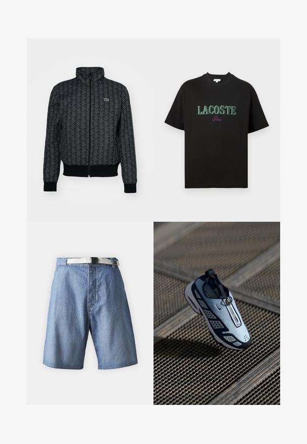 Black zippered jacket featuring a geometric pattern, high collar, ribbed cuffs and hem, with a small green Lacoste logo on the left chest.; Black cotton t-shirt with short sleeves, featuring green text "LACOSTE" and purple "Paris" below. Simple design, standard crew neck.; Denim shorts in light blue, featuring a waistband with a white belt and a black buckle, with stitching details and a loose fit.; Nike sneaker features a slip-on design with light blue upper, black accents, and perforated side panels. Rounded toe and textured sole.