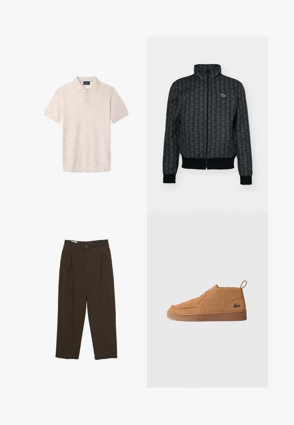 Čierna bundu so zipsom, ktorá má geometrický vzor, vysoký golier, rebrované manžety a spodný lem, so malým zeleným logom Lacoste na ľavej hrudi.; Polo tričko s krátkym rukávom v svetlobéžovej farbe, vyrobené z textúrovanej tkaniny, s troj gombíkovou légou a jemnými modrými akcentmi na manžetách.; Tmavohnedé nohavice na mieru s prednými skladmi, pútkami na opasok a zapínaním na gombík v oblasti pásu.; Hnedé semišové členkové topánky so šnurovaním, gumovou podrážkou a pútkom, so slávnym logom krokodíla na boku.