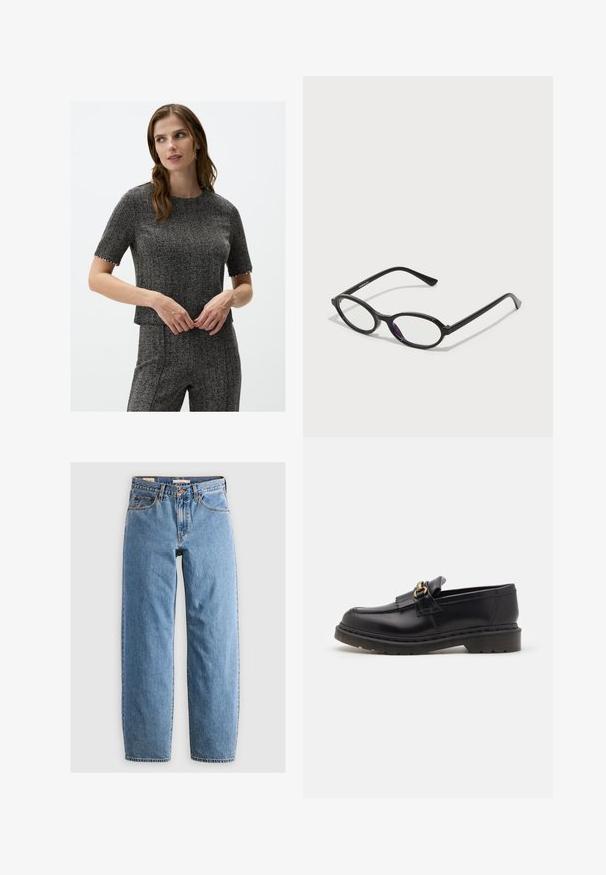 Gray knitted cardigan with long sleeves, featuring textured fabric, pearl buttons, and tied accents at the cuffs. Worn with blue jeans.; Short-sleeve gray houndstooth patterned top with a crew neck and decorative trim at the sleeves. Smooth texture, fitted design.; Light blue denim jeans with a straight leg design, five pockets, a zipper fly, and a subtle faded texture. Classic styling with minimal hardware.; Black leather loafers with a rounded toe, decorative fringe, and gold hardware accent. Thick rubber sole for added traction and durability.; Black oval-frame glasses with translucent purple accents on the lenses. Frames have a matte finish and slender, straight temples.; Black leather tote bag with a textured surface, gold hardware, and two rounded handles. Features a secure closure and minimal branding.