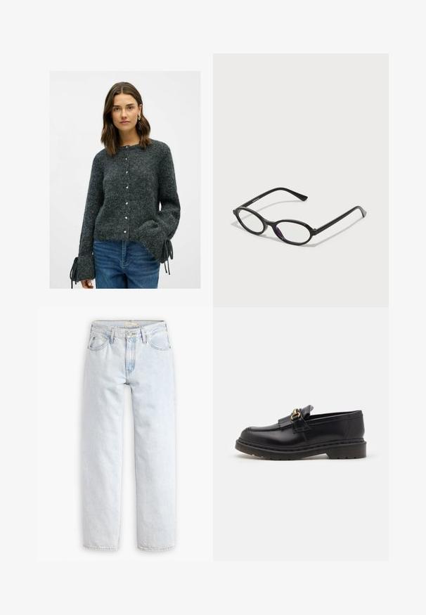 Cárdigan de punto gris con mangas largas, con tejido texturizado, botones de perla y lazos en los puños. Llevado con jeans azules.; Camiseta blanca de algodón con mangas cortas, cuello redondo y dobladillo recto. Textura suave, diseño minimalista sin patrones ni adornos.; Jeans de mezclilla de pierna recta en azul claro con una cintura alta, que presentan cinco bolsillos, un cierre frontal de botón y detalles de costura visibles.; Mocasines de cuero negro con punta redondeada, flecos decorativos y acentos en dorado. Suela de goma gruesa para mayor tracción y durabilidad.; Gafas de montura ovalada negra con acentos morados translúcidos en las lentes. Las monturas tienen un acabado mate y patillas delgadas y rectas.; Bolso tote de cuero negro con superficie texturizada, herrajes dorados y dos asas redondeadas. Cuenta con un cierre seguro y branding minimalista.